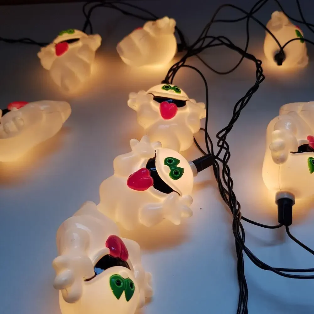 Vtg Halloween Ghost String Lights Plastic Blow Mold Set of 10 Easter Unlimited